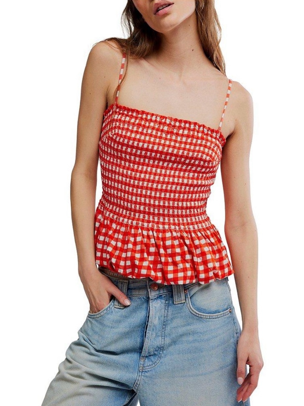 Free People Sundance gingham peplum tank red white XS